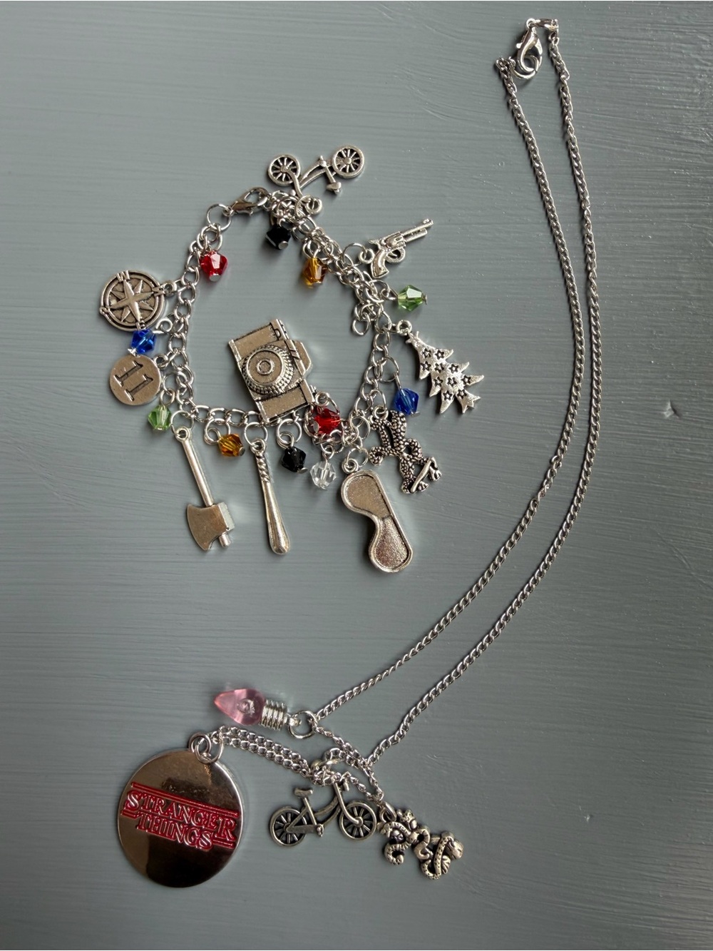 Stranger Things Silver Charm Necklace & Bracelet Set Great gift!